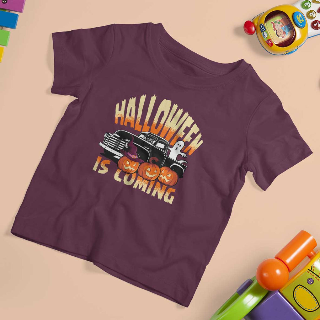 Halloween Season T Shirt For Kid Spooky Season Is Coming Scary Pumpkin Car TS02 Maroon Print Your Wear