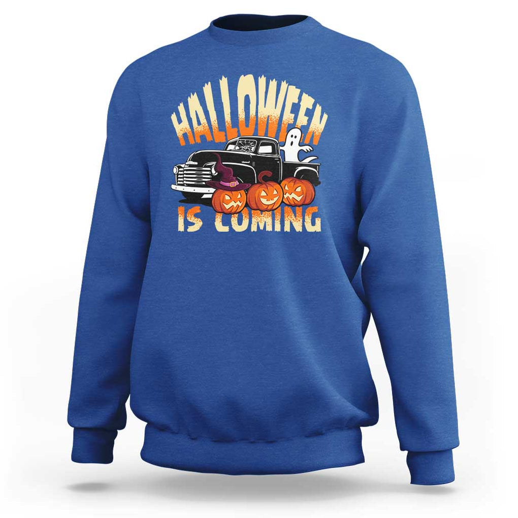Halloween Season Sweatshirt Spooky Season Is Coming Scary Pumpkin Car TS02 Royal Blue Print Your Wear