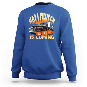 Halloween Season Sweatshirt Spooky Season Is Coming Scary Pumpkin Car TS02 Royal Blue Print Your Wear