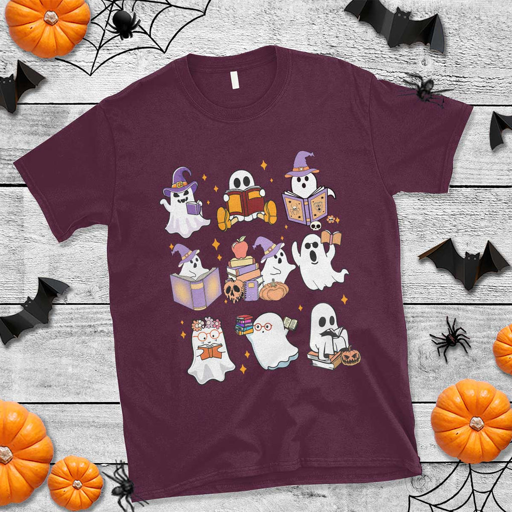 Halloween Reading T Shirt Reading Books Boo Sheet Ghosts Teacher Librarian TS02 Maroon Print Your Wear