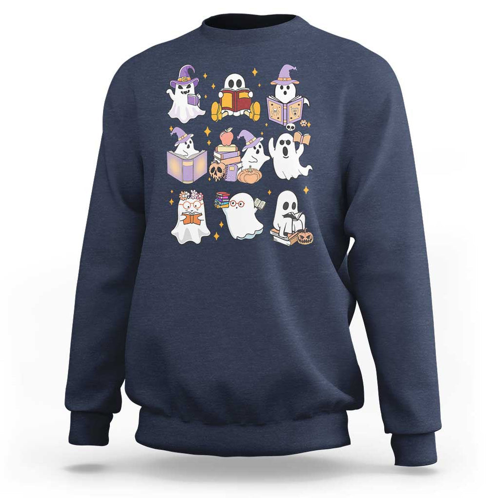 Halloween Reading Sweatshirt Reading Books Boo Sheet Ghosts Teacher Librarian TS02 Navy Print Your Wear