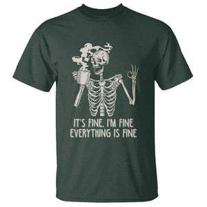 Funny Skeleton T Shirt It's Fine I'm Fine Everything's Fine Never Better Drinking Coffee TS02 Dark Forest Green Print Your Wear