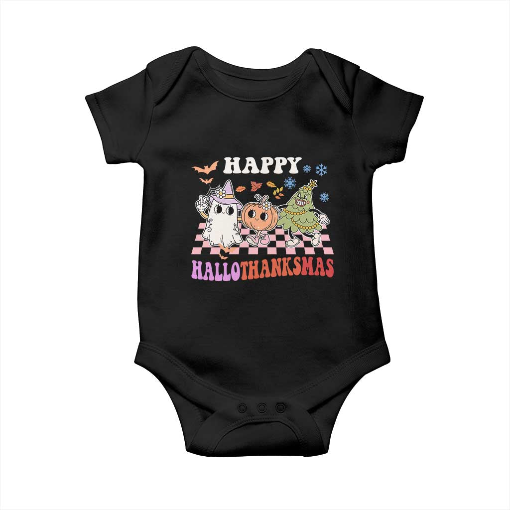 Happy HalloThanksMas Baby Onesie Halloween Thanksgiving Christmas Retro Groovy Cute TS02 Black Print Your Wear