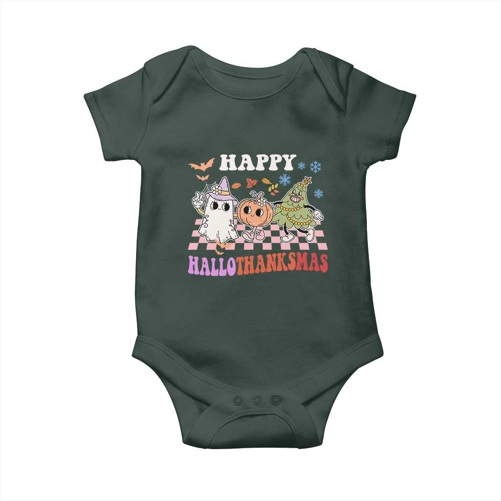 Happy HalloThanksMas Baby Onesie Halloween Thanksgiving Christmas Retro Groovy Cute TS02 Print Your Wear