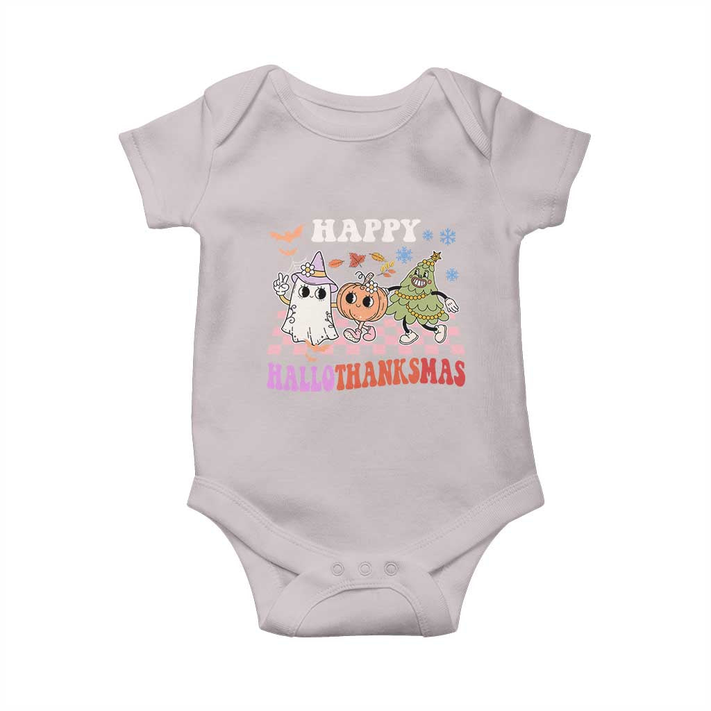 Happy HalloThanksMas Baby Onesie Halloween Thanksgiving Christmas Retro Groovy Cute TS02 Ice Gray Print Your Wear