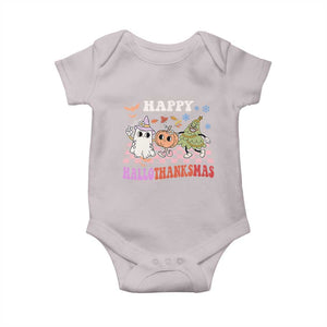 Happy HalloThanksMas Baby Onesie Halloween Thanksgiving Christmas Retro Groovy Cute TS02 Ice Gray Print Your Wear
