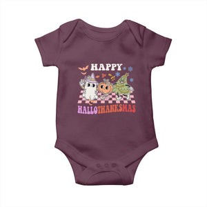 Happy HalloThanksMas Baby Onesie Halloween Thanksgiving Christmas Retro Groovy Cute TS02 Maroon Print Your Wear