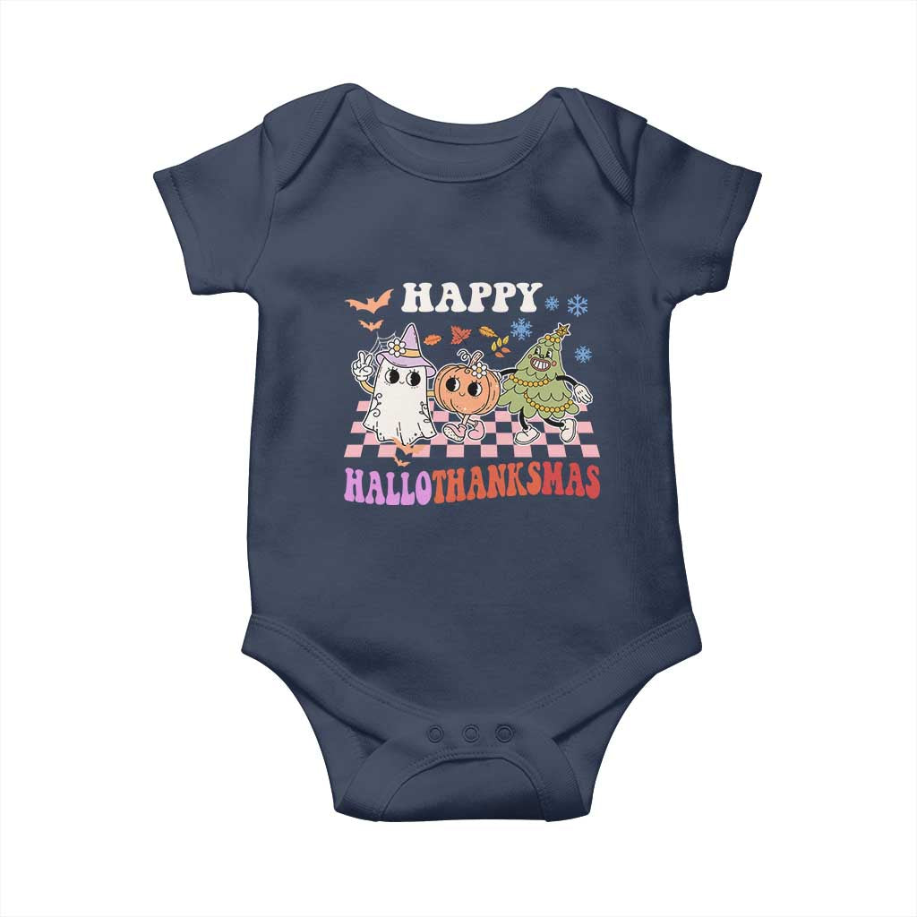 Happy HalloThanksMas Baby Onesie Halloween Thanksgiving Christmas Retro Groovy Cute TS02 Navy Print Your Wear