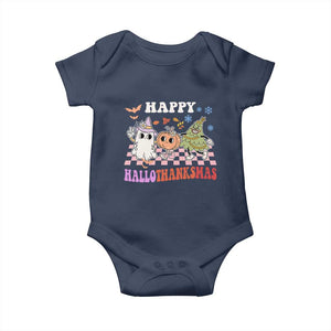 Happy HalloThanksMas Baby Onesie Halloween Thanksgiving Christmas Retro Groovy Cute TS02 Navy Print Your Wear
