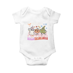 Happy HalloThanksMas Baby Onesie Halloween Thanksgiving Christmas Retro Groovy Cute TS02 White Print Your Wear