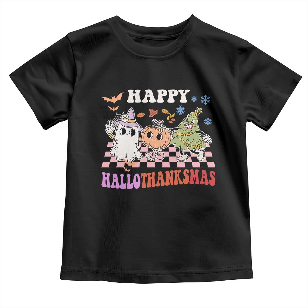 Happy HalloThanksMas Baby Shirt Halloween Thanksgiving Christmas Retro Groovy Cute TS02 Black Print Your Wear