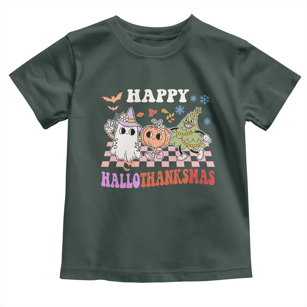Happy HalloThanksMas Baby Shirt Halloween Thanksgiving Christmas Retro Groovy Cute TS02 Dark Forest Green Print Your Wear