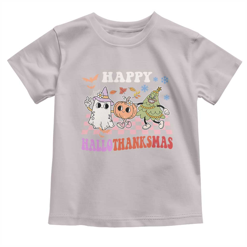 Happy HalloThanksMas Baby Shirt Halloween Thanksgiving Christmas Retro Groovy Cute TS02 Ice Gray Print Your Wear