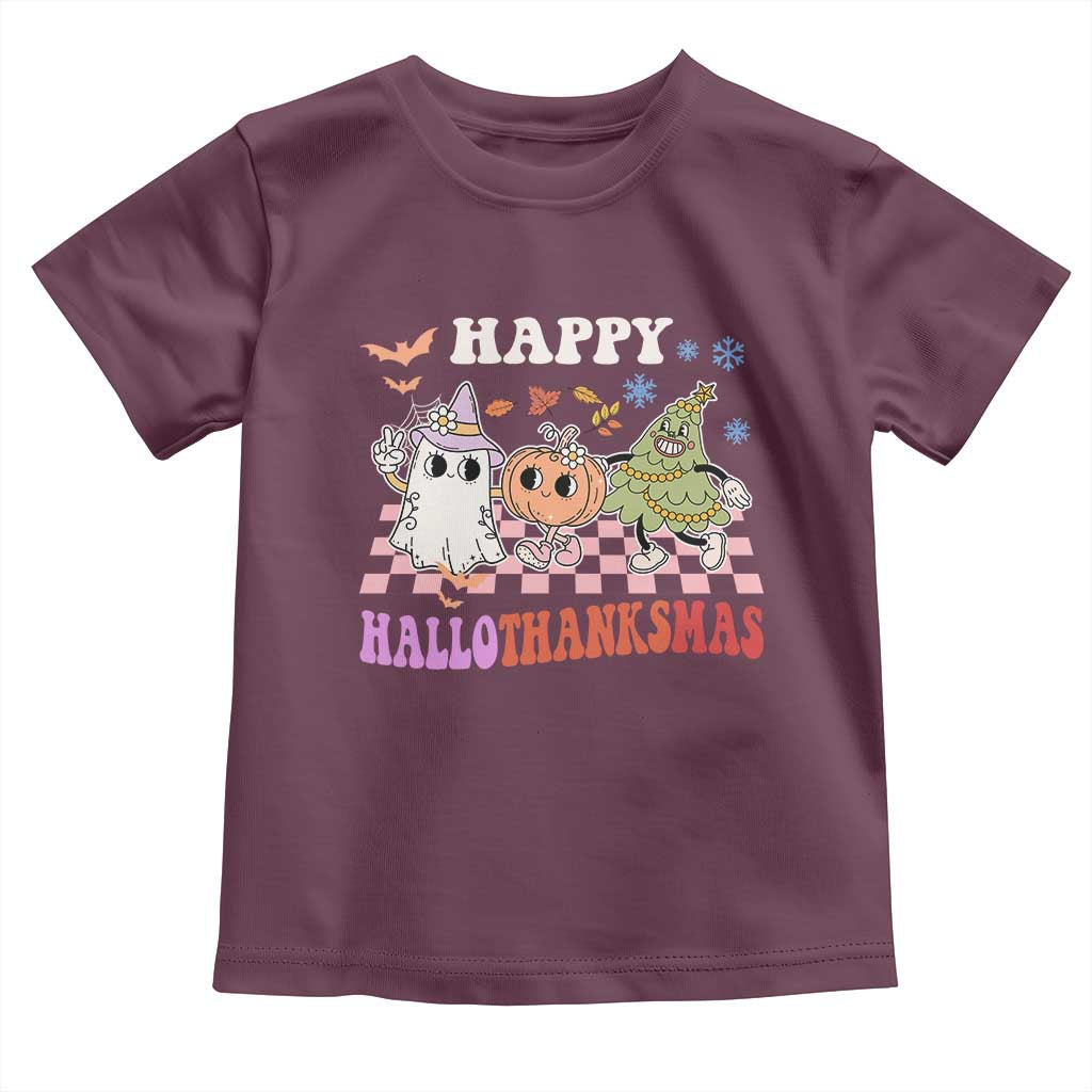 Happy HalloThanksMas Baby Shirt Halloween Thanksgiving Christmas Retro Groovy Cute TS02 Maroon Print Your Wear