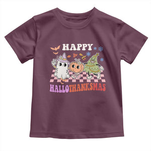 Happy HalloThanksMas Baby Shirt Halloween Thanksgiving Christmas Retro Groovy Cute TS02 Maroon Print Your Wear