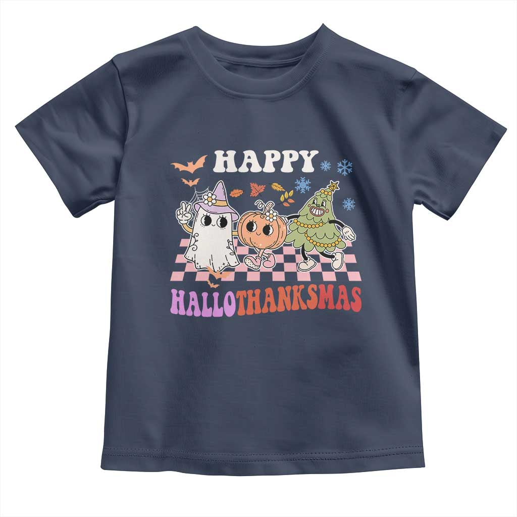 Happy HalloThanksMas Baby Shirt Halloween Thanksgiving Christmas Retro Groovy Cute TS02 Navy Print Your Wear
