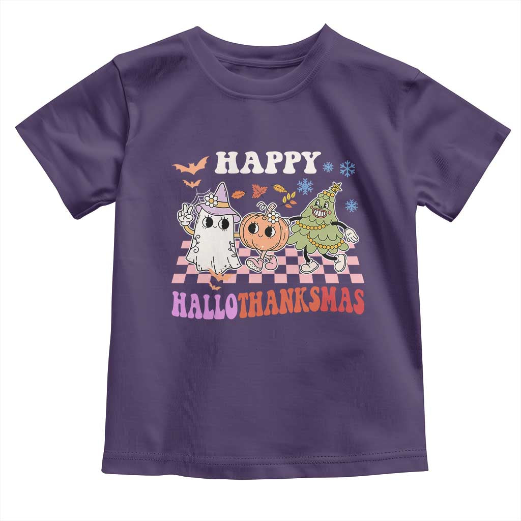 Happy HalloThanksMas Baby Shirt Halloween Thanksgiving Christmas Retro Groovy Cute TS02 Purple Print Your Wear