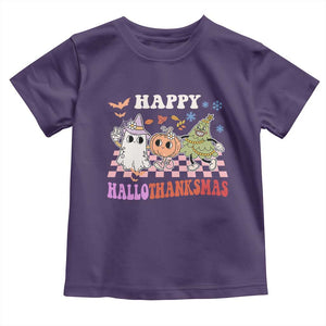 Happy HalloThanksMas Baby Shirt Halloween Thanksgiving Christmas Retro Groovy Cute TS02 Purple Print Your Wear