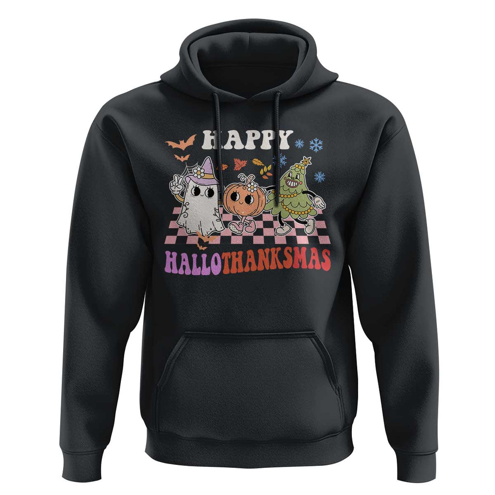 Happy HalloThanksMas Hoodie Halloween Thanksgiving Christmas Groovy TS02 Black Print Your Wear