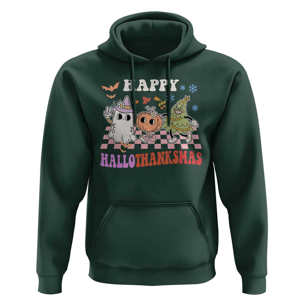 Happy HalloThanksMas Hoodie Halloween Thanksgiving Christmas Groovy TS02 Dark Forest Green Print Your Wear