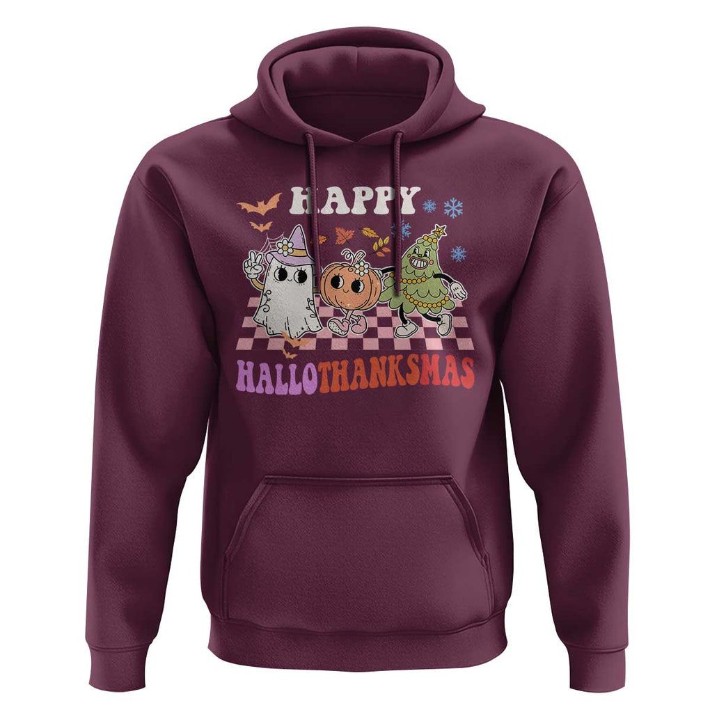 Happy HalloThanksMas Hoodie Halloween Thanksgiving Christmas Groovy TS02 Maroon Print Your Wear