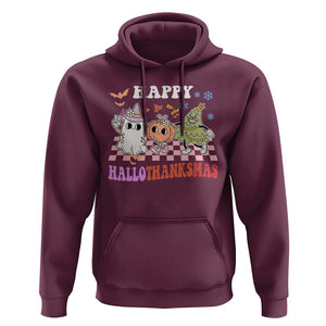 Happy HalloThanksMas Hoodie Halloween Thanksgiving Christmas Groovy TS02 Maroon Print Your Wear