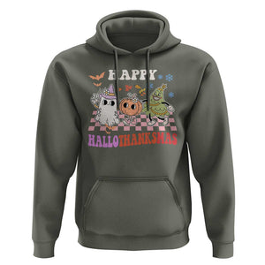 Happy HalloThanksMas Hoodie Halloween Thanksgiving Christmas Groovy TS02 Military Green Print Your Wear