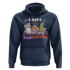 Happy HalloThanksMas Hoodie Halloween Thanksgiving Christmas Groovy TS02 Navy Print Your Wear