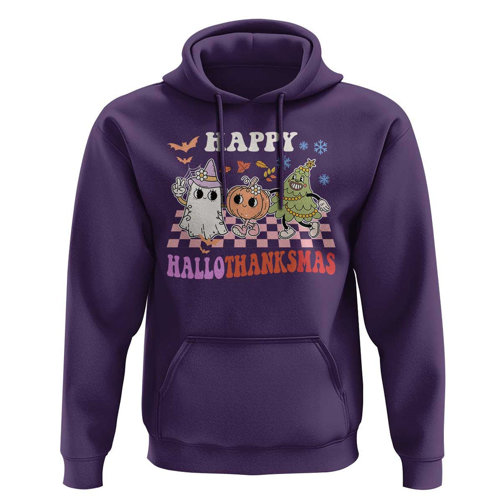 Happy HalloThanksMas Hoodie Halloween Thanksgiving Christmas Groovy TS02 Purple Print Your Wear