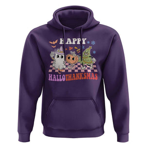 Happy HalloThanksMas Hoodie Halloween Thanksgiving Christmas Groovy TS02 Purple Print Your Wear