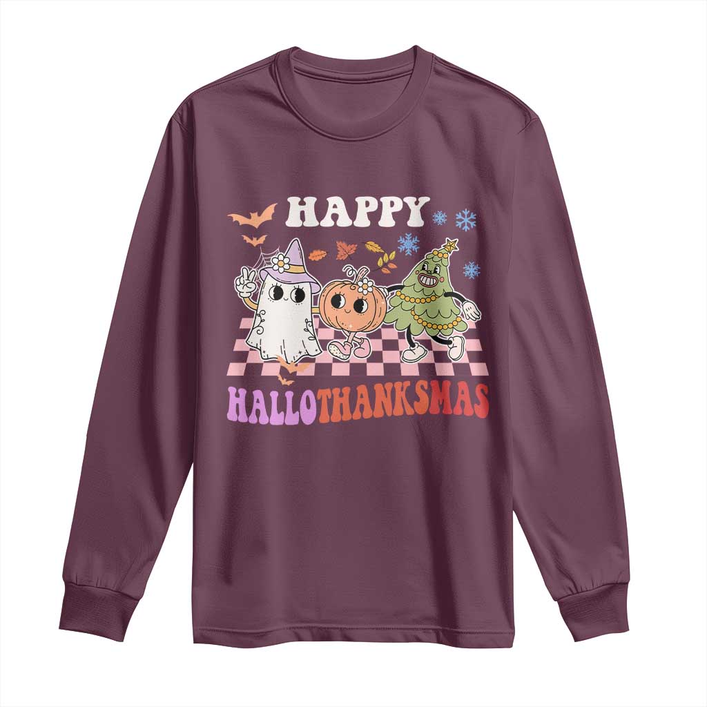 Happy HalloThanksMas Long Sleeve Shirt Halloween Thanksgiving Christmas Retro Groovy Cute TS02 Maroon Print Your Wear