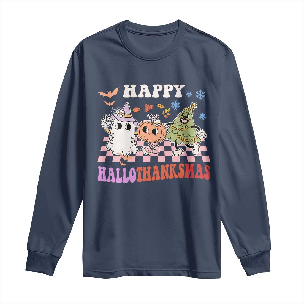 Happy HalloThanksMas Long Sleeve Shirt Halloween Thanksgiving Christmas Retro Groovy Cute TS02 Navy Print Your Wear
