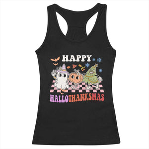 Happy HalloThanksMas Racerback Tank Top Halloween Thanksgiving Christmas Retro Groovy Cute TS02 Black Print Your Wear