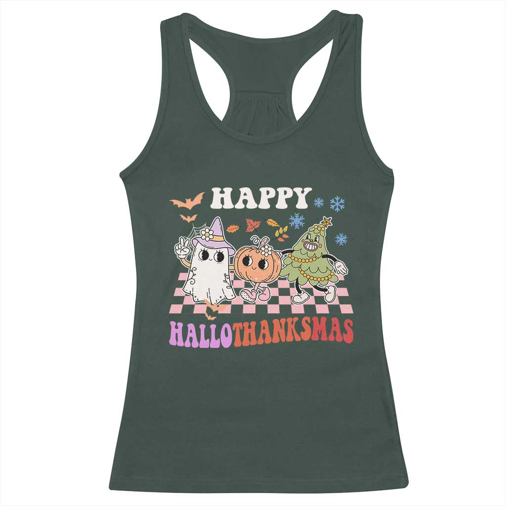 Happy HalloThanksMas Racerback Tank Top Halloween Thanksgiving Christmas Retro Groovy Cute TS02 Dark Forest Green Print Your Wear