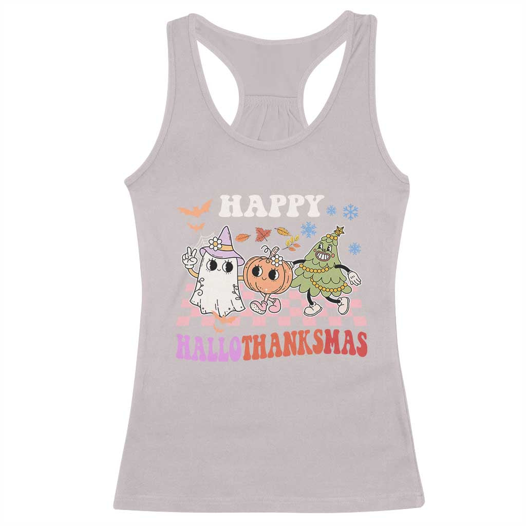 Happy HalloThanksMas Racerback Tank Top Halloween Thanksgiving Christmas Retro Groovy Cute TS02 Ice Gray Print Your Wear