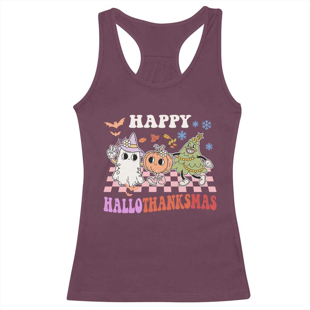 Happy HalloThanksMas Racerback Tank Top Halloween Thanksgiving Christmas Retro Groovy Cute TS02 Maroon Print Your Wear