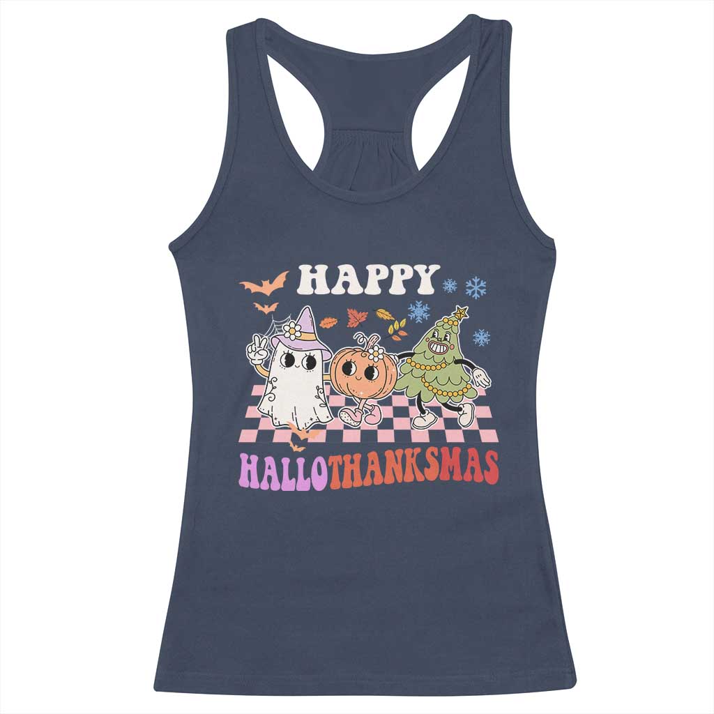 Happy HalloThanksMas Racerback Tank Top Halloween Thanksgiving Christmas Retro Groovy Cute TS02 Navy Print Your Wear