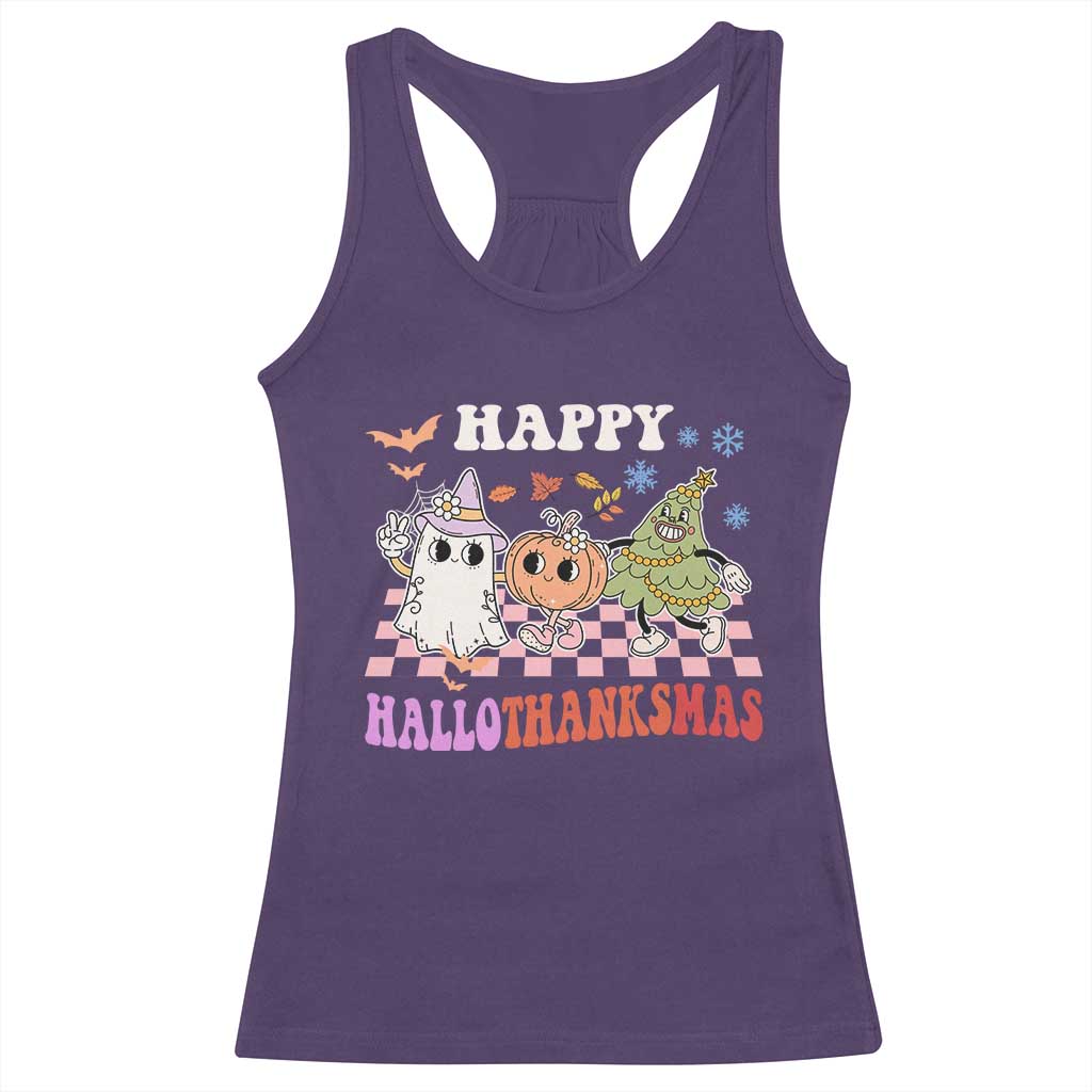 Happy HalloThanksMas Racerback Tank Top Halloween Thanksgiving Christmas Retro Groovy Cute TS02 Purple Print Your Wear