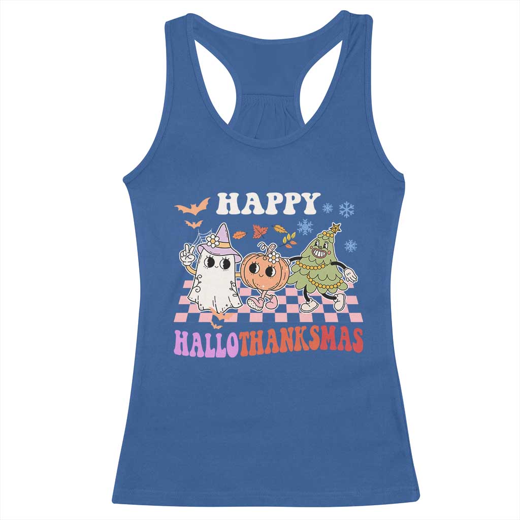 Happy HalloThanksMas Racerback Tank Top Halloween Thanksgiving Christmas Retro Groovy Cute TS02 Royal Blue Print Your Wear