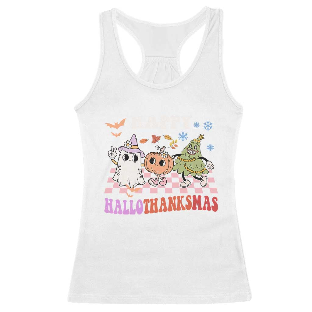 Happy HalloThanksMas Racerback Tank Top Halloween Thanksgiving Christmas Retro Groovy Cute TS02 White Print Your Wear