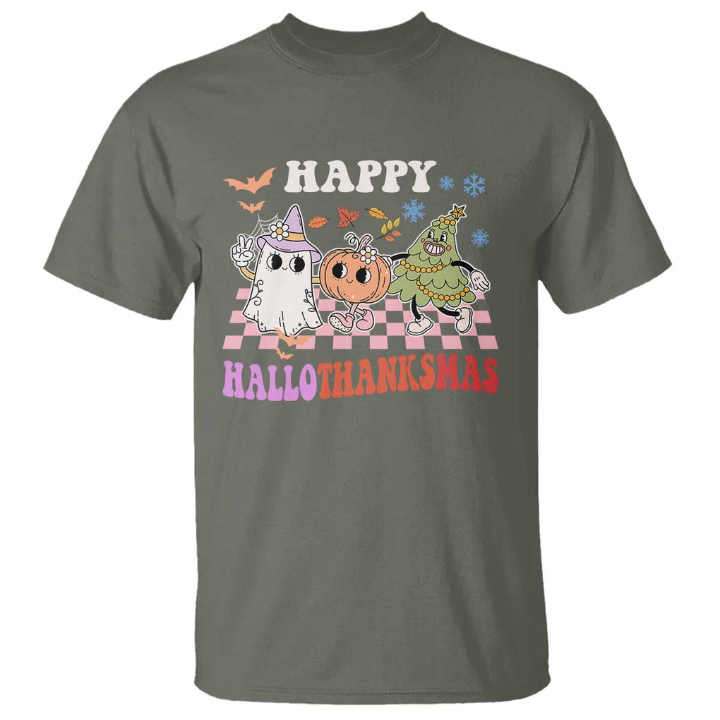 Happy HalloThanksMas T Shirt Halloween Thanksgiving Christmas Groovy TS02 Military Green Print Your Wear