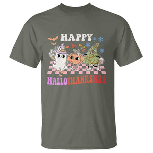 Happy HalloThanksMas T Shirt Halloween Thanksgiving Christmas Groovy TS02 Military Green Print Your Wear