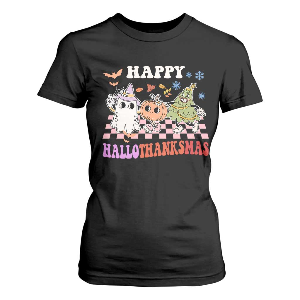 Happy HalloThanksMas T Shirt For Women Halloween Thanksgiving Christmas Retro Groovy Cute TS02 Black Print Your Wear