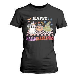 Happy HalloThanksMas T Shirt For Women Halloween Thanksgiving Christmas Retro Groovy Cute TS02 Black Print Your Wear