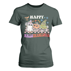 Happy HalloThanksMas T Shirt For Women Halloween Thanksgiving Christmas Retro Groovy Cute TS02 Dark Forest Green Print Your Wear