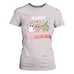 Happy HalloThanksMas T Shirt For Women Halloween Thanksgiving Christmas Retro Groovy Cute TS02 Ice Gray Print Your Wear