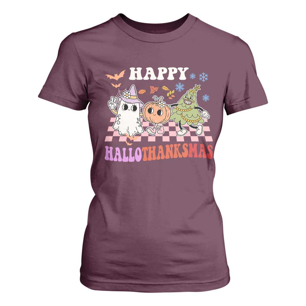Happy HalloThanksMas T Shirt For Women Halloween Thanksgiving Christmas Retro Groovy Cute TS02 Maroon Print Your Wear