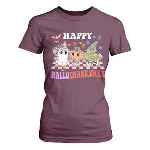 Happy HalloThanksMas T Shirt For Women Halloween Thanksgiving Christmas Retro Groovy Cute TS02 Maroon Print Your Wear