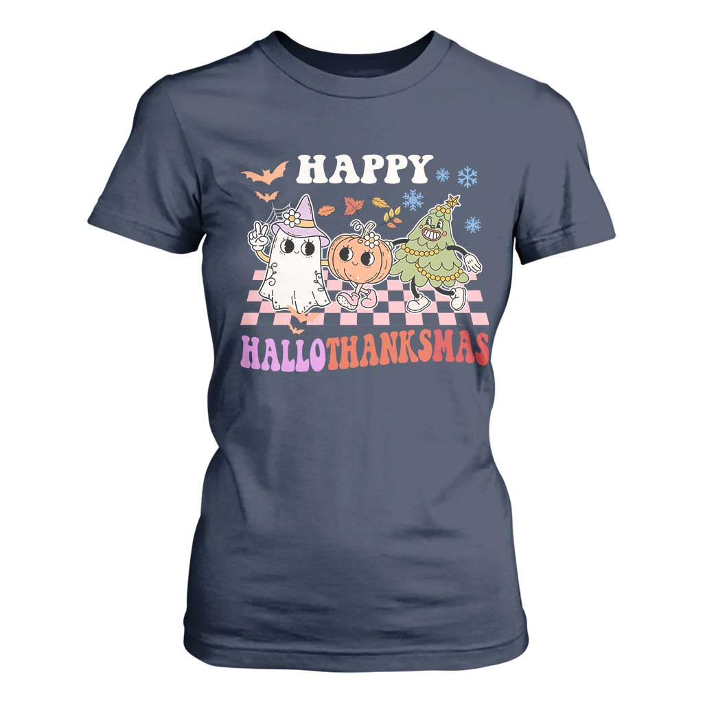 Happy HalloThanksMas T Shirt For Women Halloween Thanksgiving Christmas Retro Groovy Cute TS02 Navy Print Your Wear