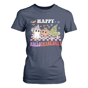 Happy HalloThanksMas T Shirt For Women Halloween Thanksgiving Christmas Retro Groovy Cute TS02 Navy Print Your Wear